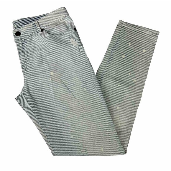 ANN TAYLOR LOFT Relaxed Skinny Bleach Distressed Pants 27/4 Blue White Stripe - Picture 1 of 12